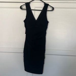 Black V Neck Ruching Bodycon Dress, Small